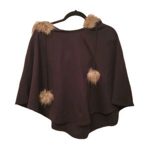 VINTAGE Y2K LA KITTY Hooded Poncho Cropped Sweater Lined Faux Fur Lg Black Cozy